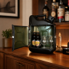 Zwarte Jerrycan 10L drank giftset geopend op houten kast met bierflesjes en glazen