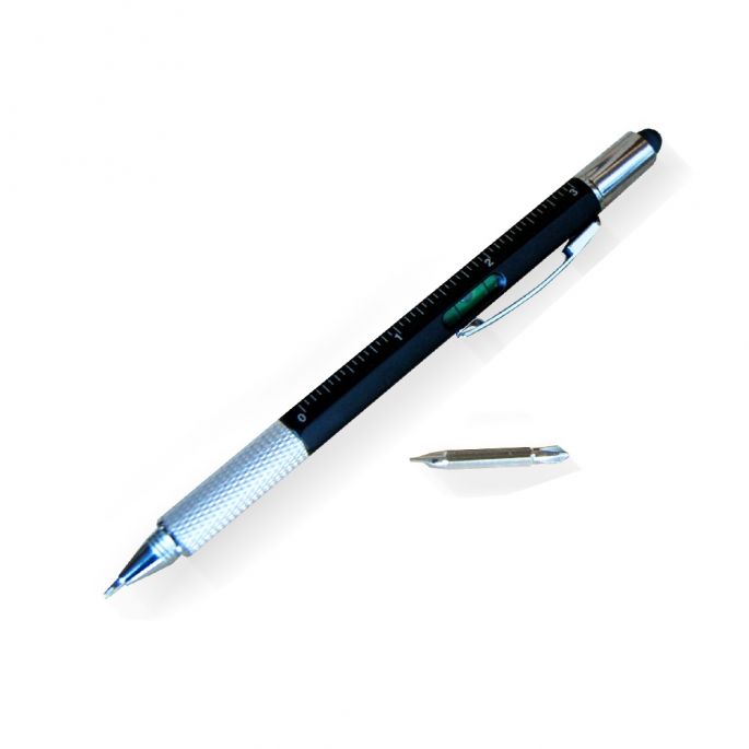 6-in-1 Multitool Pen - Zwart - Liniaal - Waterpas - Kruiskop en Plattekop Schroevendraaier - Gereedschapspen - Handy Pen