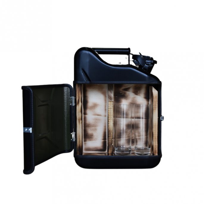Jerrycan 10L 'The stillery' giftset zwart | met glazen | Gave cadeautip