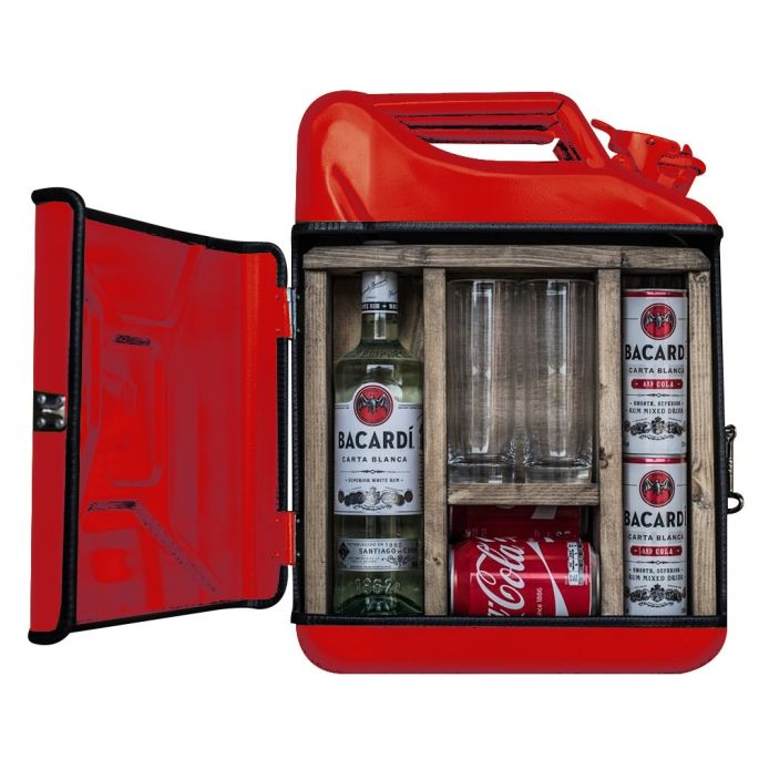 Jerrycan Bar – Sterke Drank - Rood | MegaGadgets | Bacardi Cadeau Tip | Met glazen | Coca Cola