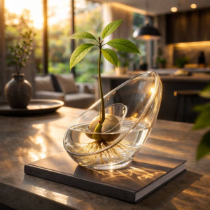 Decoratieve glazen avocado vaas met jonge avocado plant in modern interieur