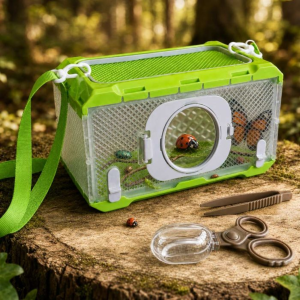 Opvouwbare insectenkooi met vergrootglas en accessoires in een natuurlijke bosomgeving.