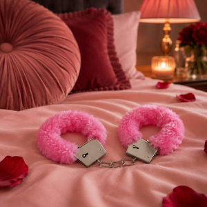 Roze pluche handboeien op romantisch bed met rozenblaadjes en warme verlichting