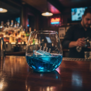 Ship in a Glass drinkglas gevuld met blauw drankje op een bar met zinkend schipdetail