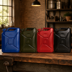 Vier stalen jerrycans 20L in verschillende kleuren op werkbank, robuuste brandstof jerrycans voor professioneel gebruik